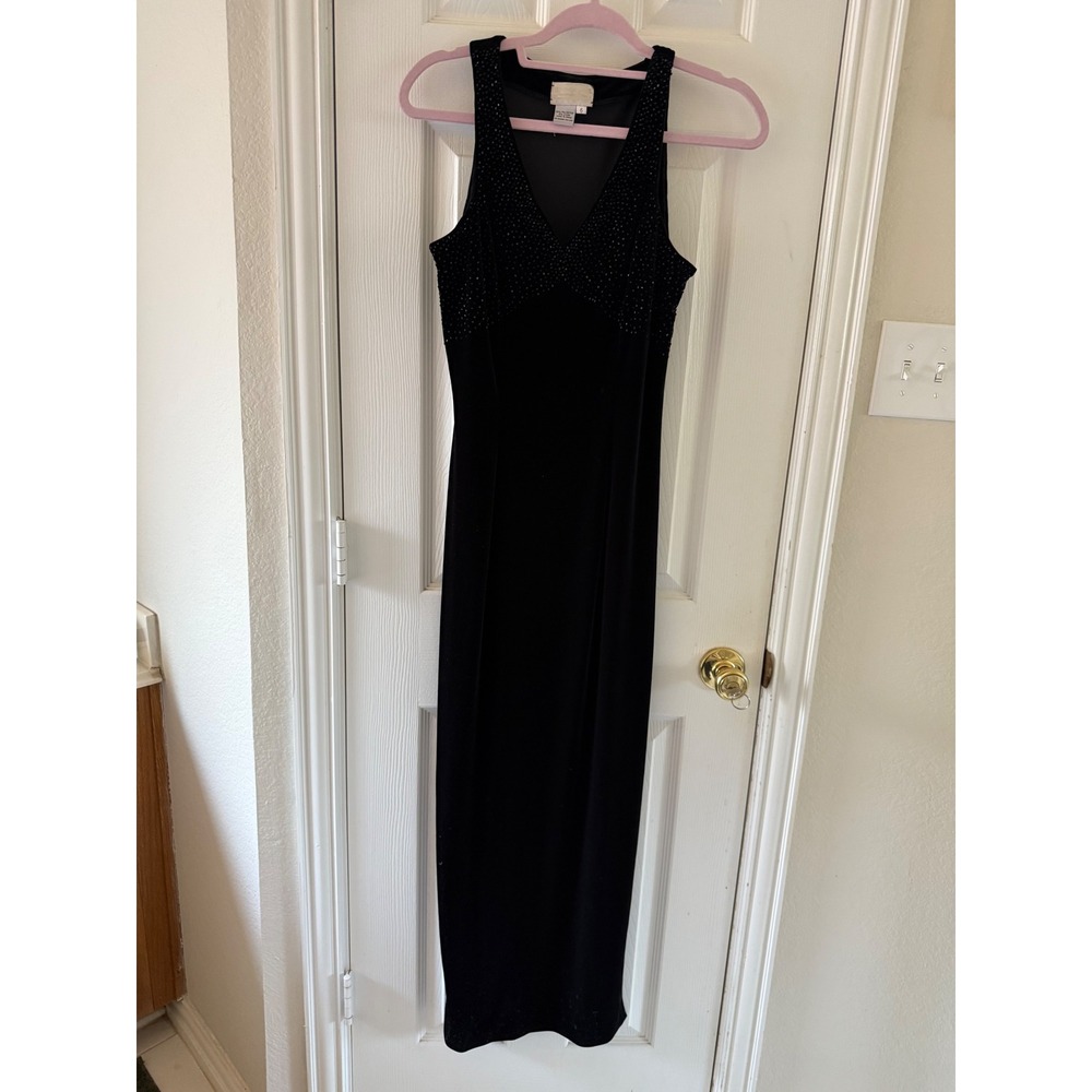 Vintage Cassandra‎ Stone Black Velvet Rhinestone Gown V-Neck Formal Dress 6 - Picture 2 of 11